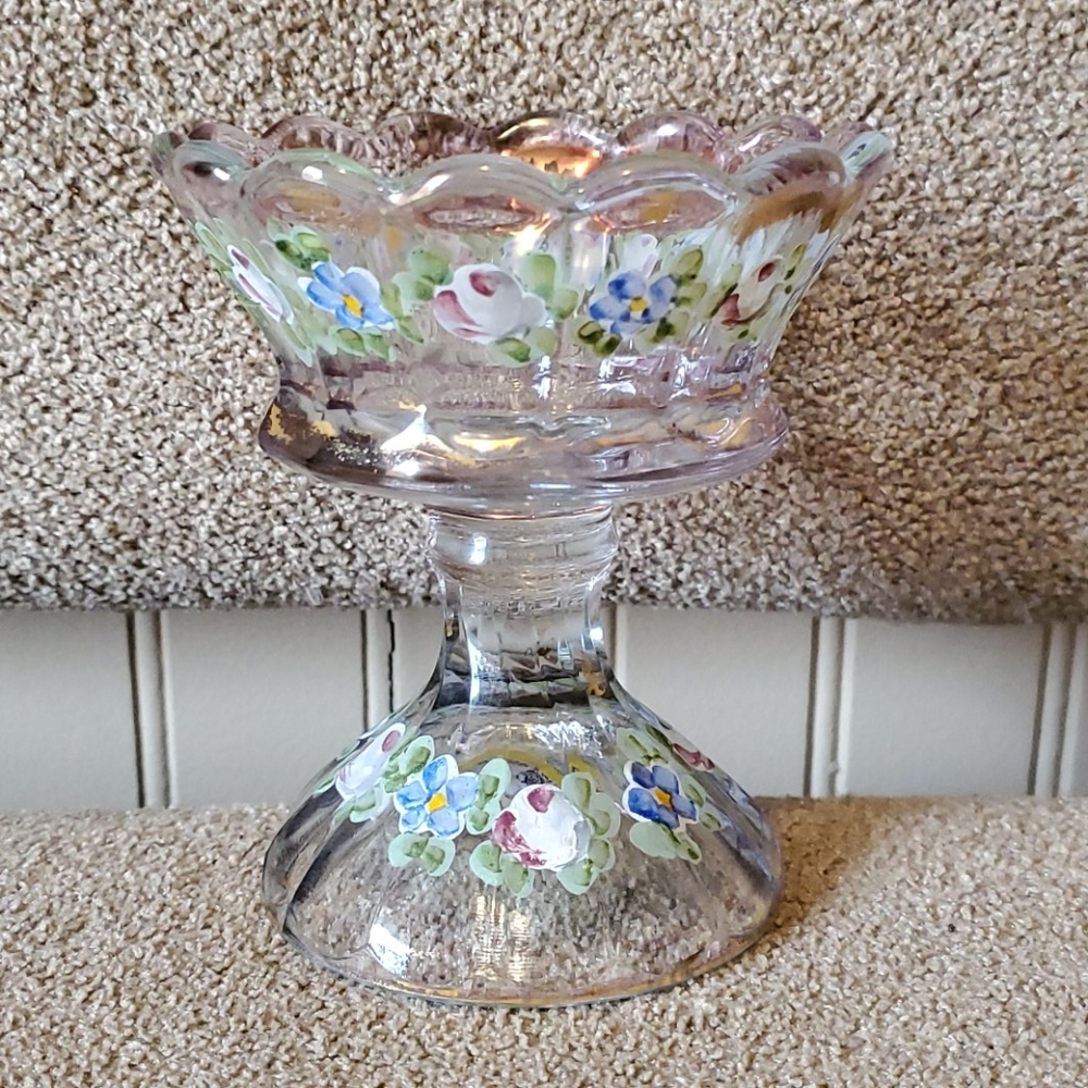 Hanpainted mini clear glass candy dish floral pink